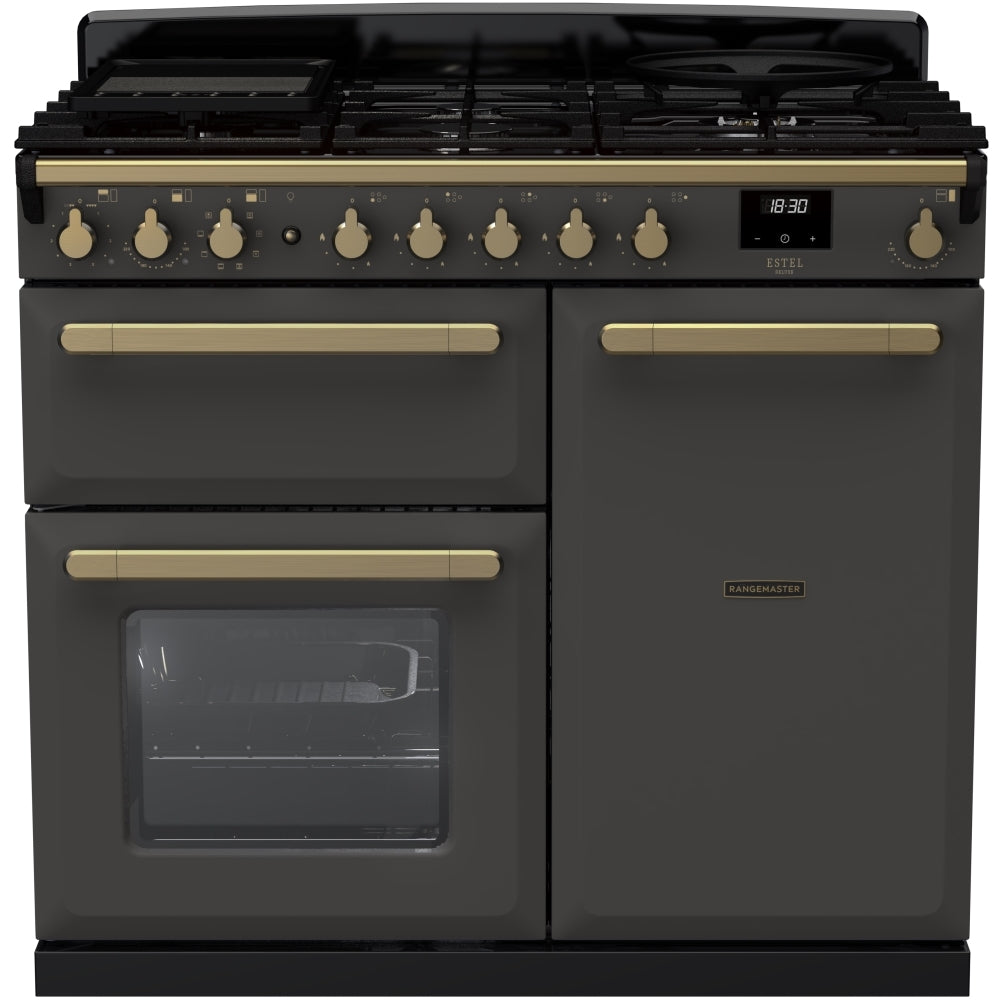 Rangemaster Estel Deluxe ESDL100DFPSLT/AB1 100cm wide Dual Fuel Range Cooker with Gas Hob - Slate / Antique Brass