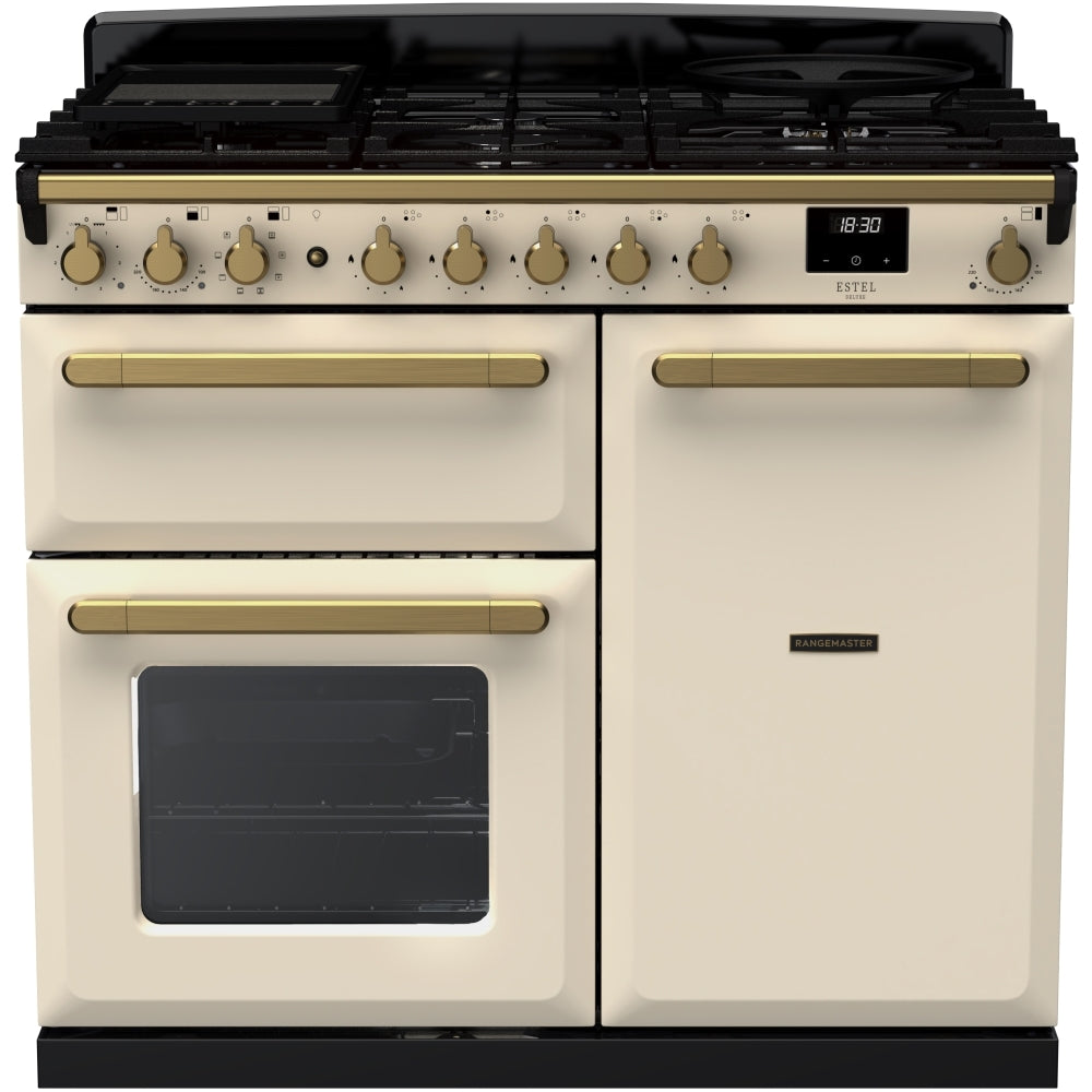 Rangemaster Estel Deluxe ESDL100DFPPCR/AB1 100cm wide Dual Fuel Range Cooker with Gas Hob - Cream / Antique Brass