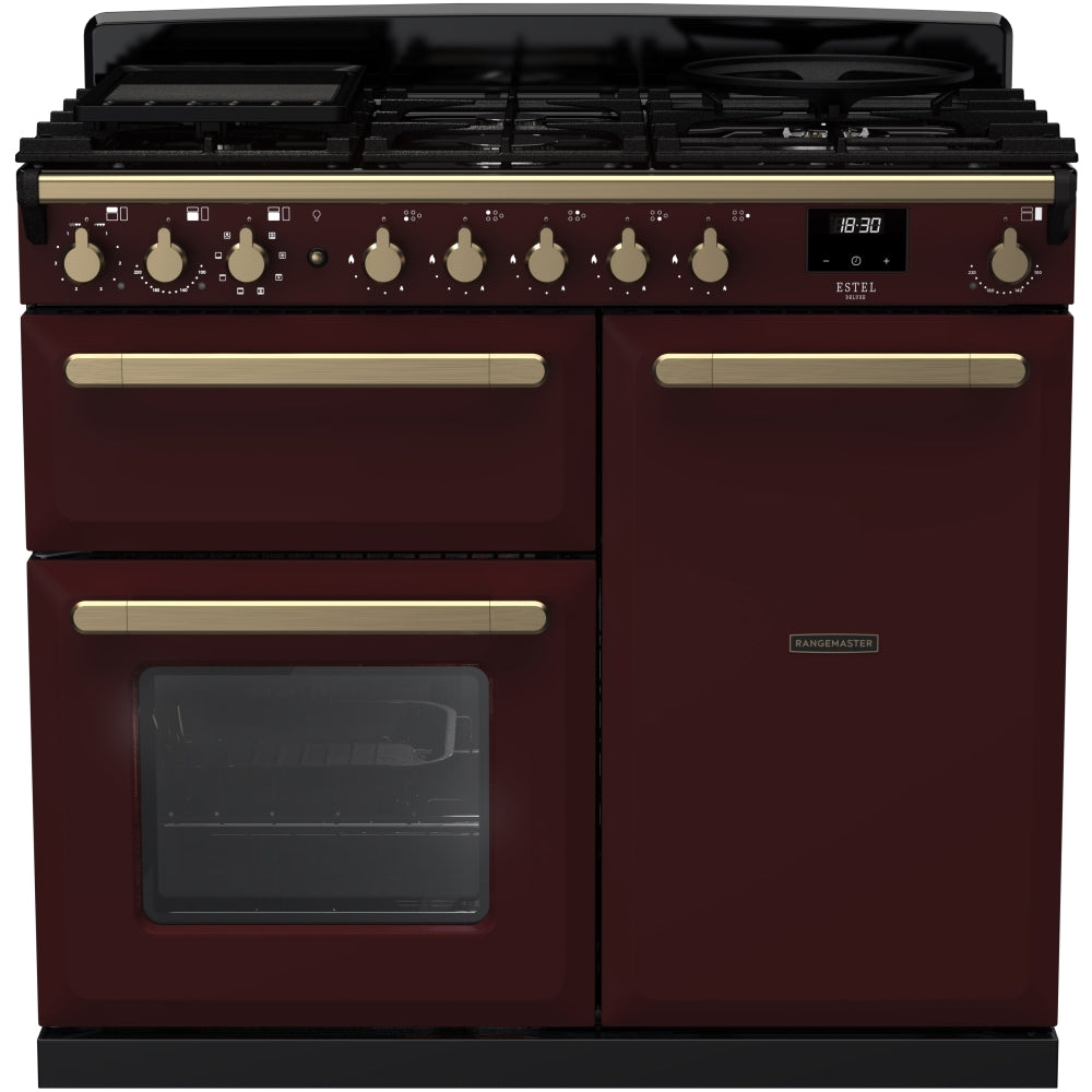 Rangemaster Estel Deluxe ESDL100DFPBOR/AB1 100cm wide Dual Fuel Range Cooker with Gas Hob - Bordeaux / Antique Brass