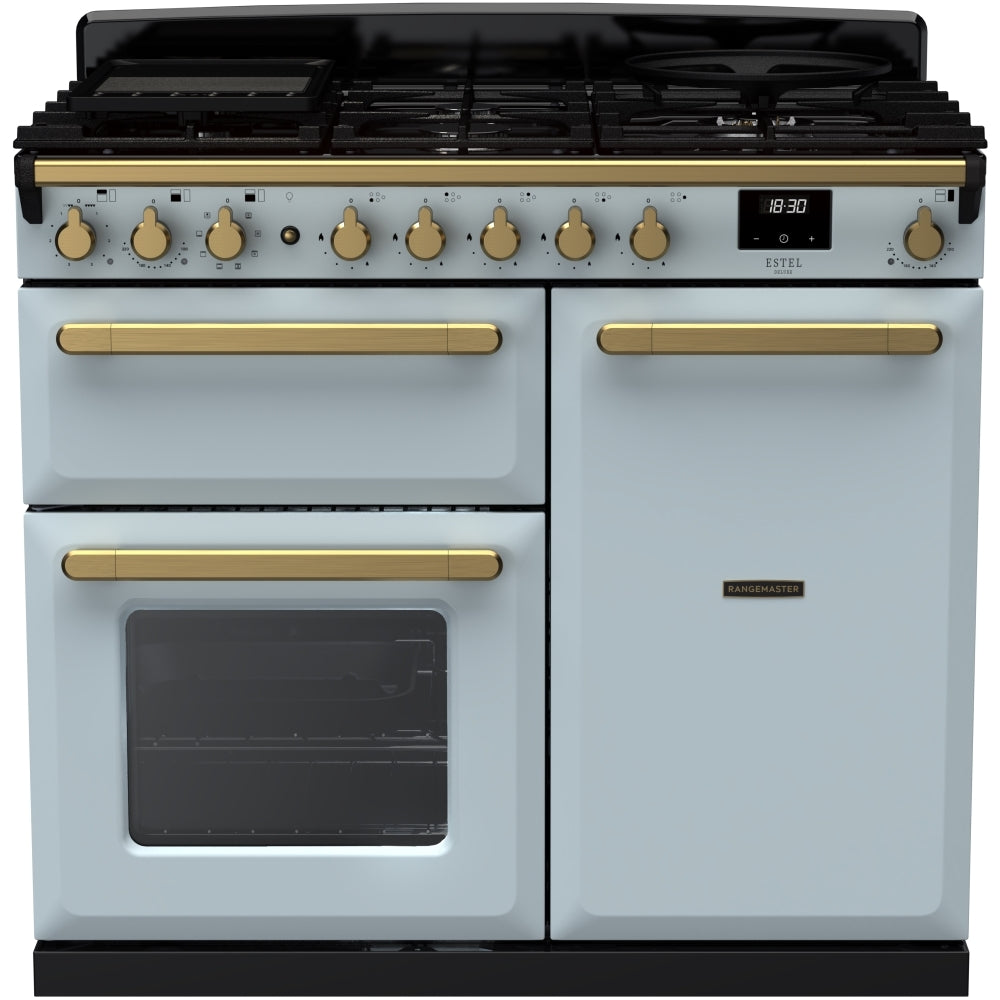 Rangemaster Estel Deluxe ESDL100DFPMSB/AB1 100cm wide Dual Fuel Range Cooker with Gas Hob - Misty Blue / Antique Brass