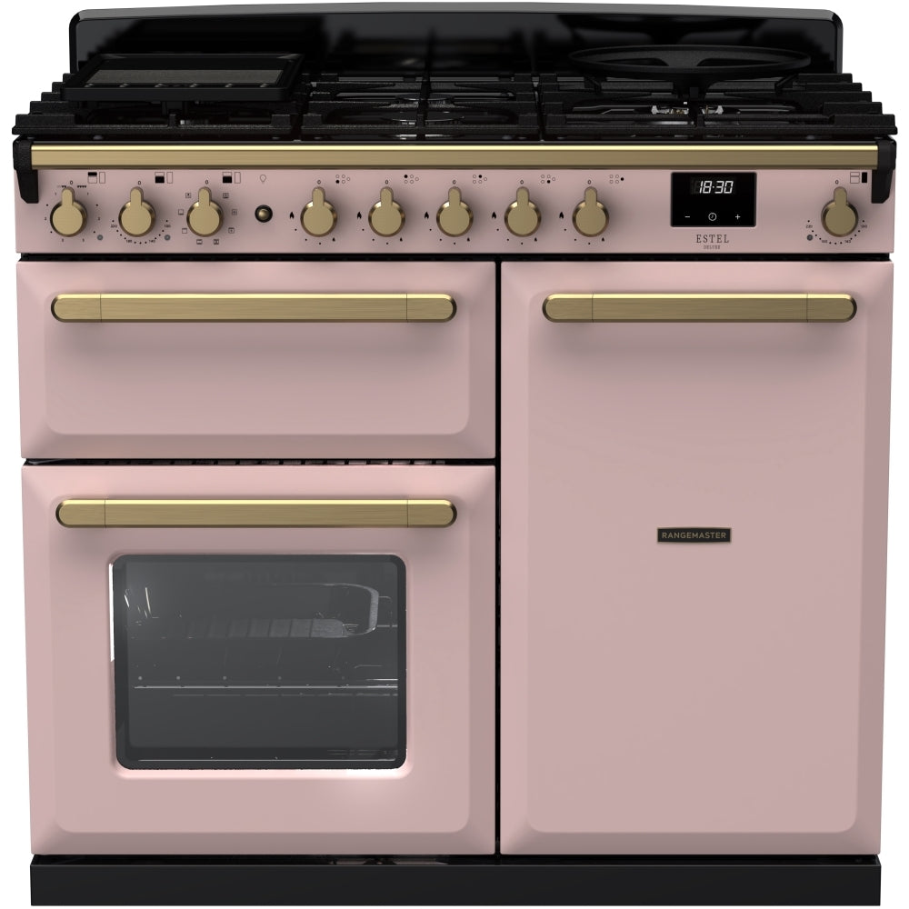Rangemaster Estel Deluxe ESDL100DFPPPK/AB1 100cm wide Dual Fuel Range Cooker with Gas Hob - Pale Pink / Antique Brass