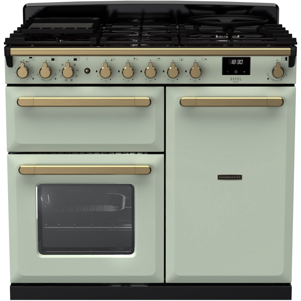 Rangemaster Estel Deluxe ESDL100DFPMNT/AB1 100cm wide Dual Fuel Range Cooker with Gas Hob - Mint / Antique Brass