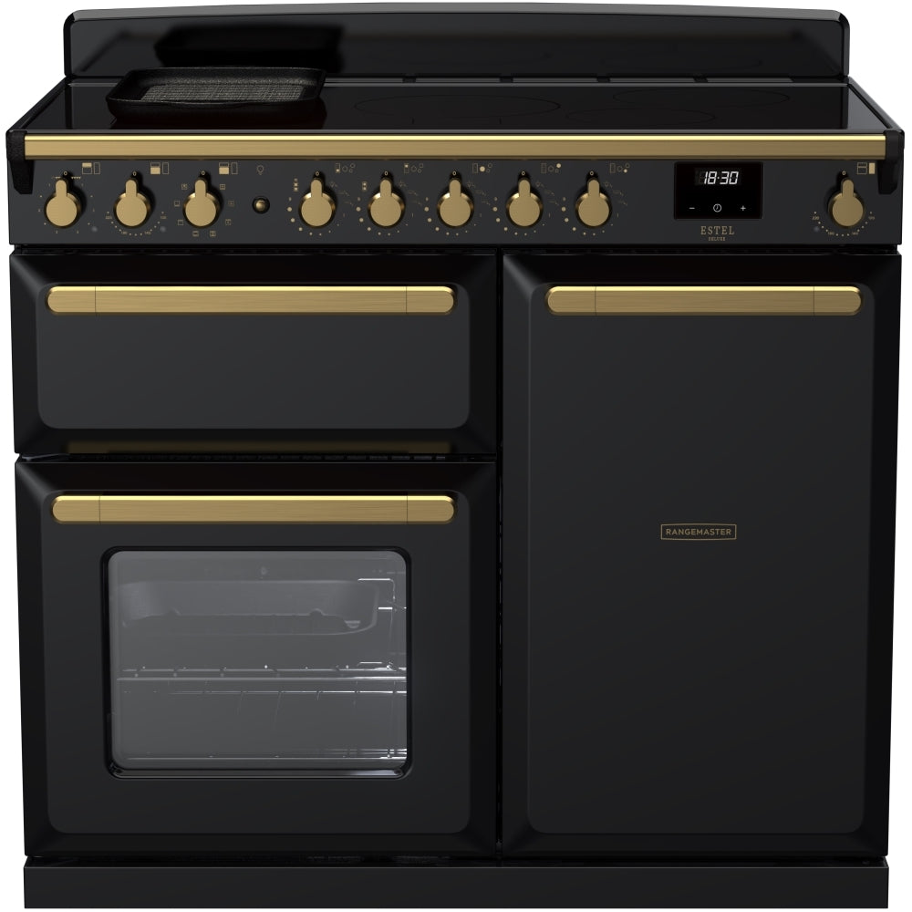 Rangemaster Estel Deluxe ESDL100EIPGBL/AB1 100cm wide Electric Range Cooker with Induction Hob - Black / Antique Brass