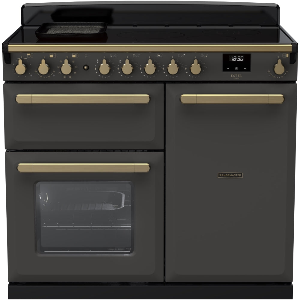 Rangemaster Estel Deluxe ESDL100EIPSLT/AB1 100cm wide Electric Range Cooker with Induction Hob - Slate / Antique Brass