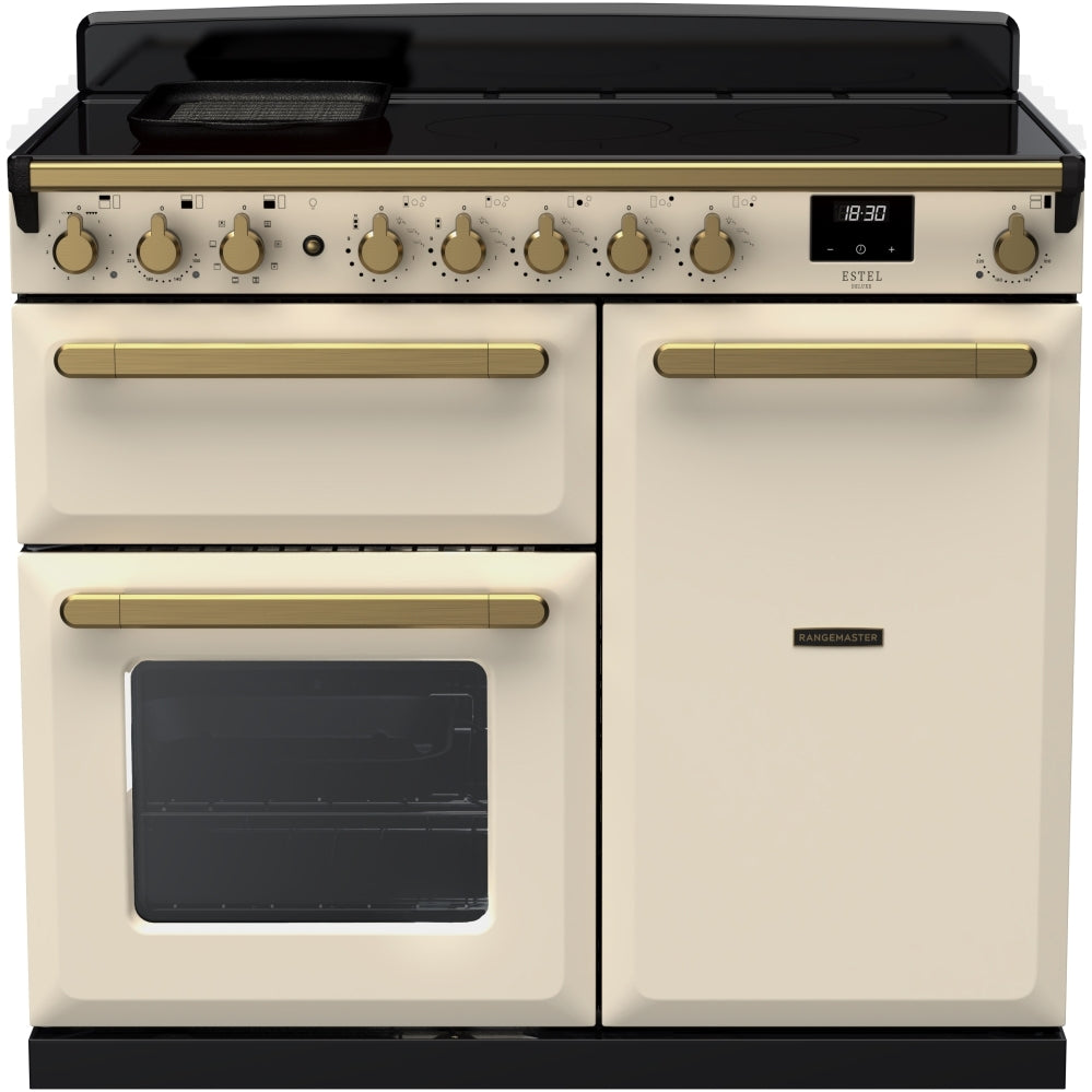 Rangemaster Estel Deluxe ESDL100EIPPCR/AB1 100cm wide Electric Range Cooker with Induction Hob - Cream / Antique Brass