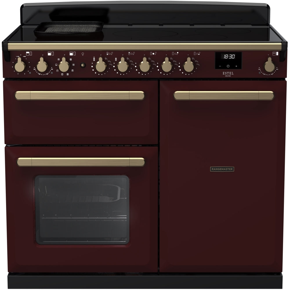 Rangemaster Estel Deluxe ESDL100EIPBOR/AB1 100cm wide Electric Range Cooker with Induction Hob - Bordeaux / Antique Brass