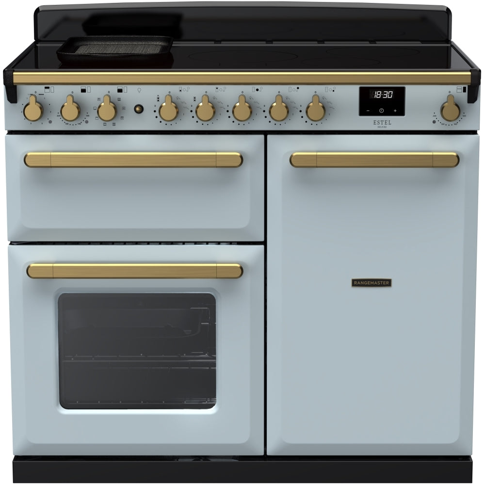 Rangemaster Estel Deluxe ESDL100EIPMSB/AB1 100cm wide Electric Range Cooker with Induction Hob - Misty Blue / Chrome