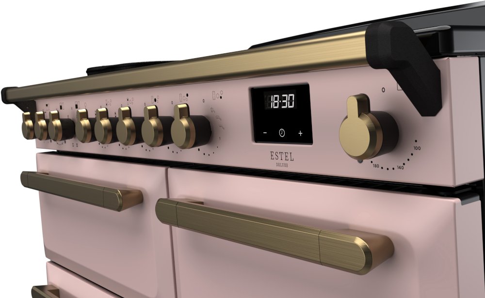 Rangemaster Estel Deluxe ESDL100EIPPPK/AB1 100cm wide Electric Range Cooker with Induction Hob - Pale Pink / Antique Brass