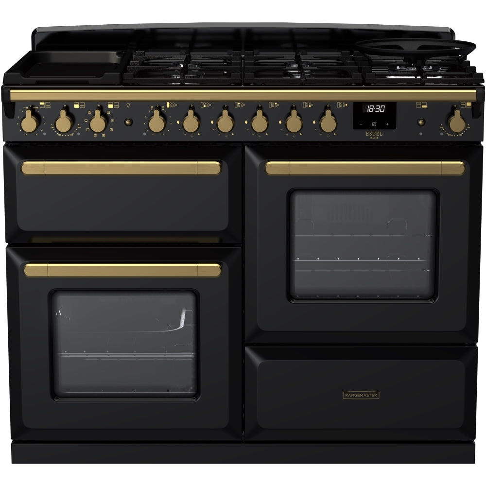 Rangemaster Estel Deluxe ESDLO110DFPGBL/AB1 110cm wide Dual Fuel Range Cooker with Gas Hob - Black / Antique Brass