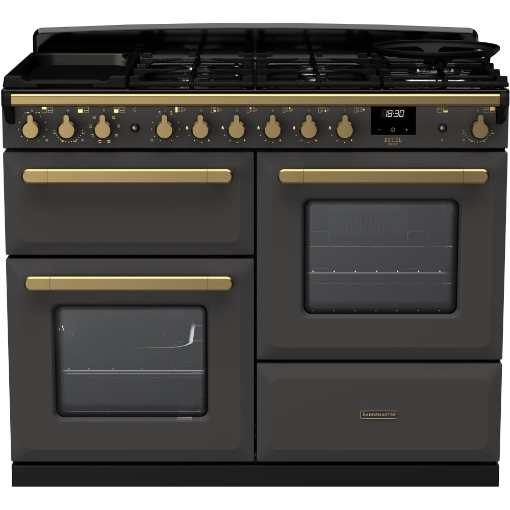 Rangemaster Estel Deluxe ESDLO110DFPSLT/AB1 110cm wide Dual Fuel Range Cooker with Gas Hob - Slate / Antique Brass