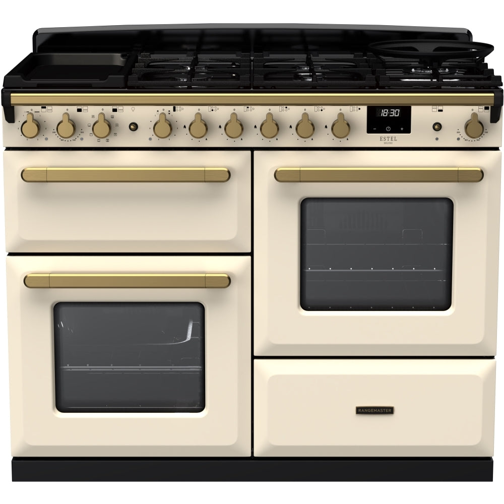 Rangemaster Estel Deluxe ESDLO110DFPPCR/AB1 110cm wide Dual Fuel Range Cooker with Gas Hob - Cream / Antique Brass