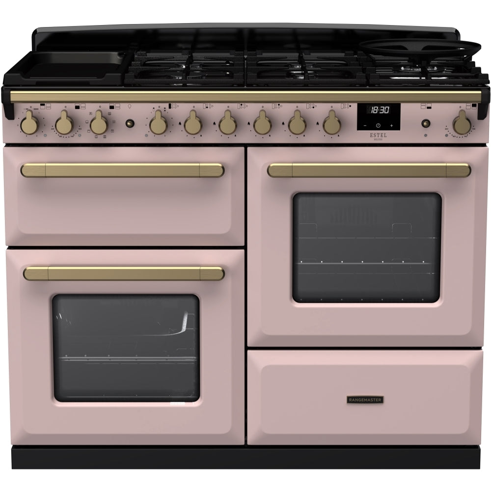 Rangemaster Estel Deluxe ESDLO110DFPPPK/AB1 110cm wide Dual Fuel Range Cooker with Gas Hob - Pale Pink / Antique Brass