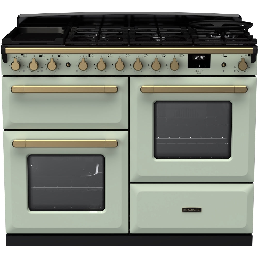 Rangemaster Estel Deluxe ESDLO110DFPMNT/AB1 110cm wide Dual Fuel Range Cooker with Gas Hob - Mint / Antique Brass