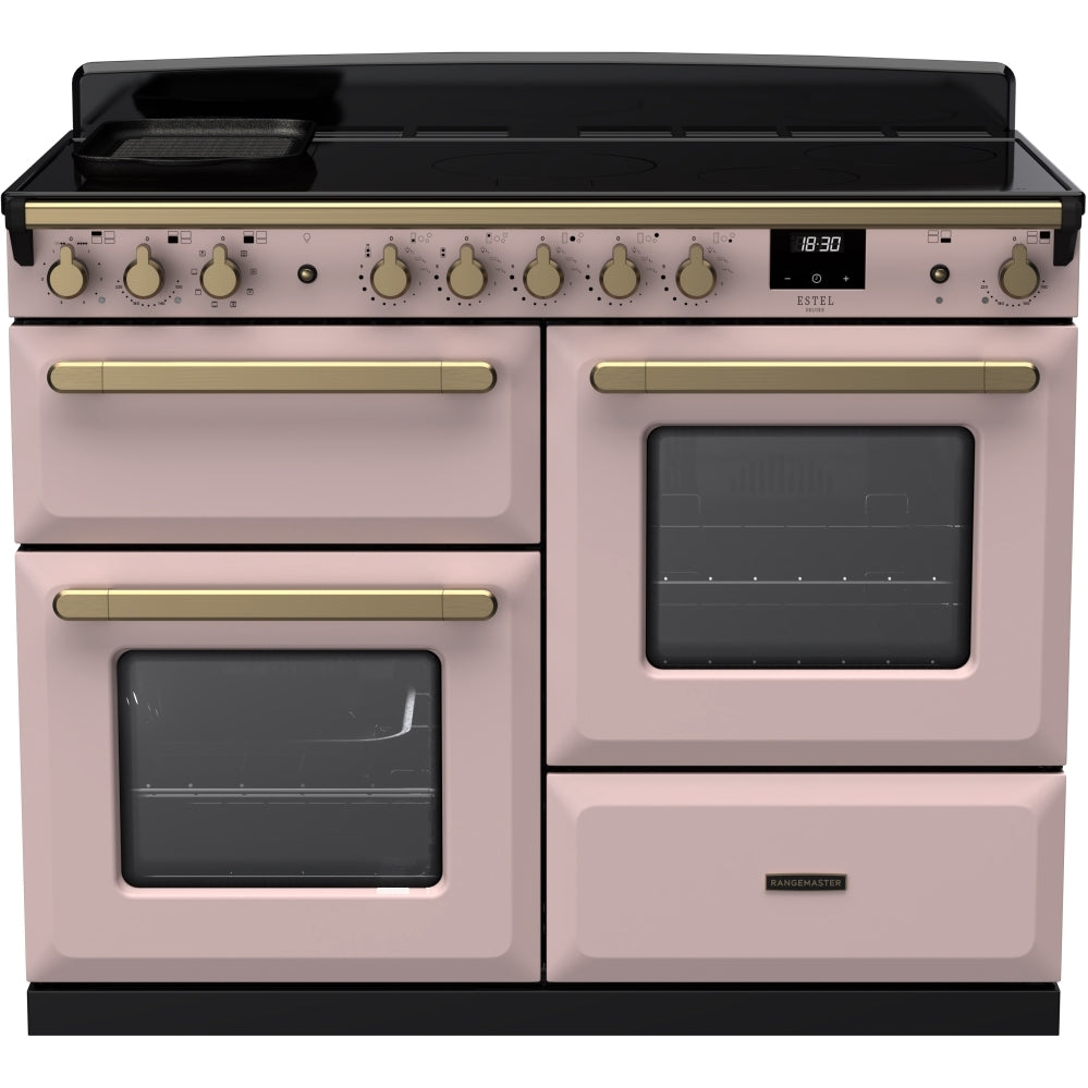 Rangemaster Estel Deluxe ESDLO110EIPPPK/AB1 110cm wide Electric Range Cooker with Induction Hob - Pale Pink / Antique Brass