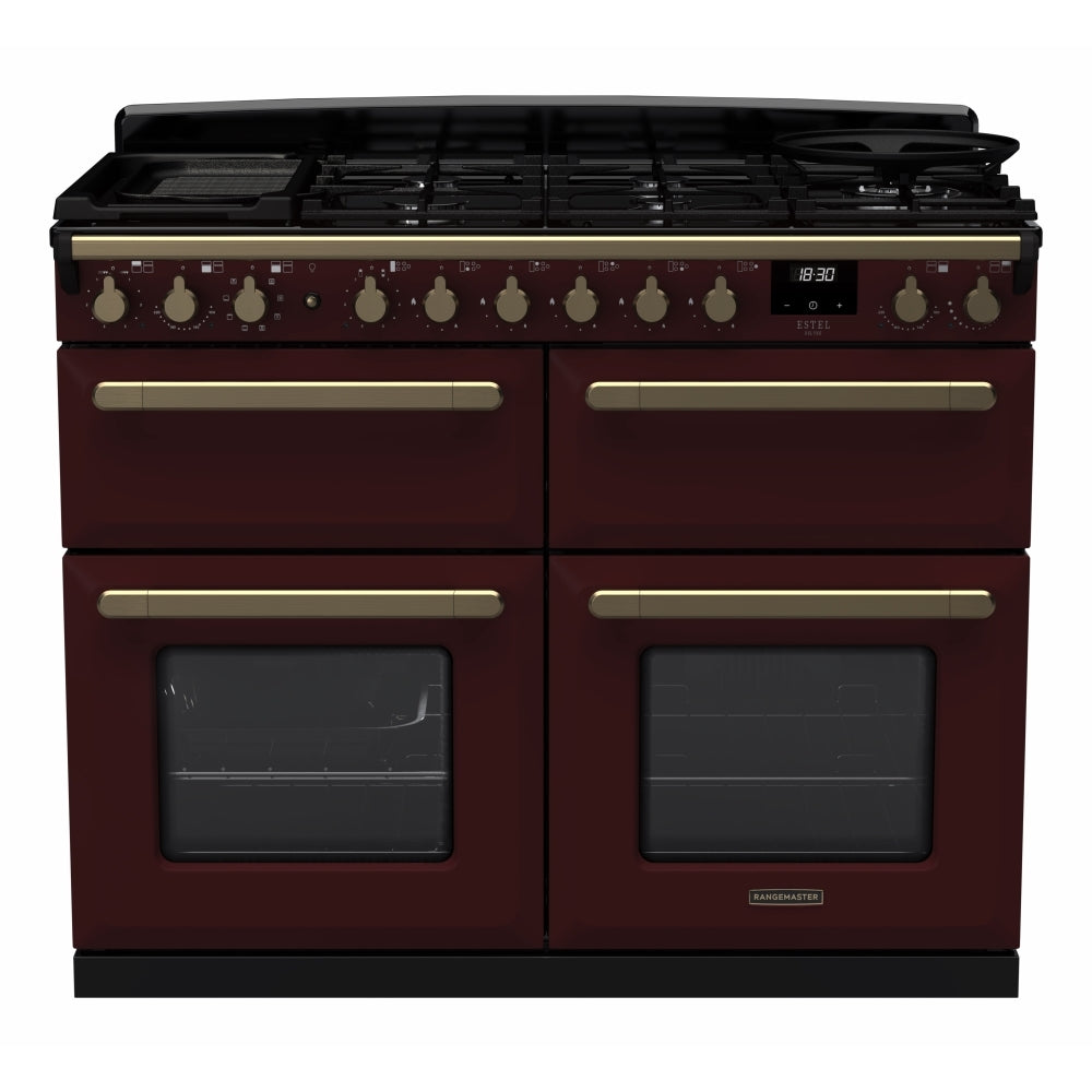 Rangemaster Estel Deluxe ESDLB110DFPBOR/AB1 110cm wide Dual Fuel Range Cooker with Gas Hob - Bordeaux / Antique Brass