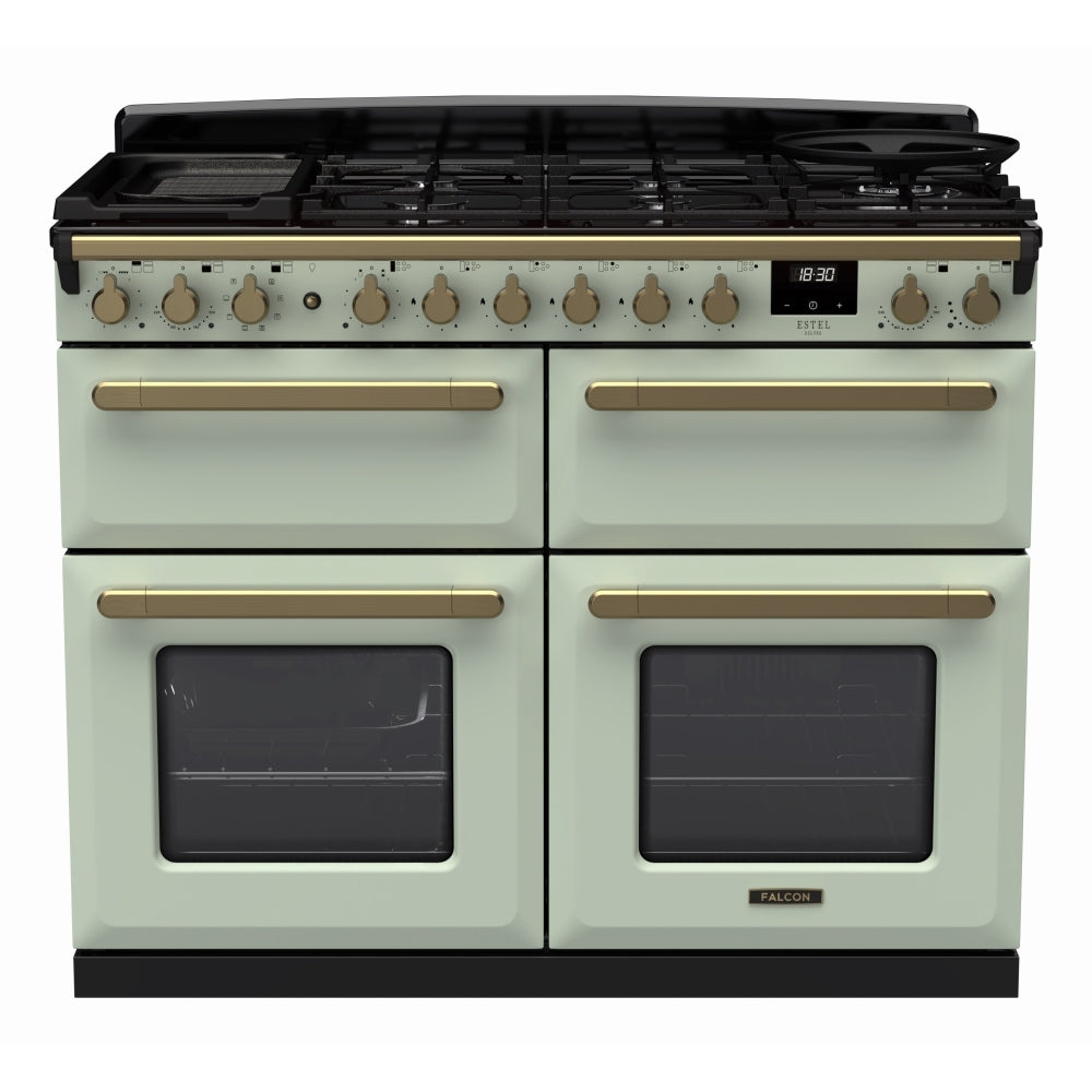 Rangemaster Estel Deluxe ESDLB110DFPMNT/AB1 110cm wide Dual Fuel Range Cooker with Gas Hob - Mint / Antique Brass