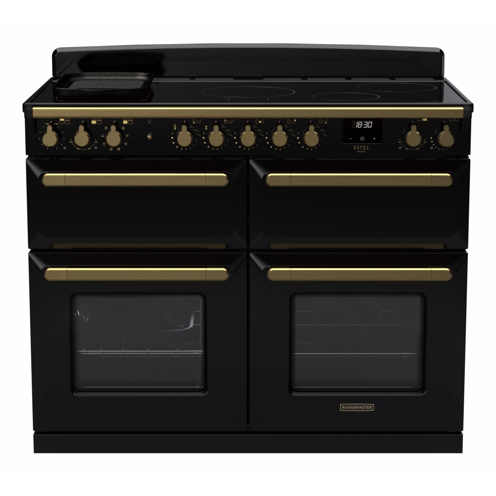 Rangemaster Estel Deluxe ESDLB110EIPGBL/AB1 110cm wide Electric Range Cooker with Induction Hob - Black / Antique Brass