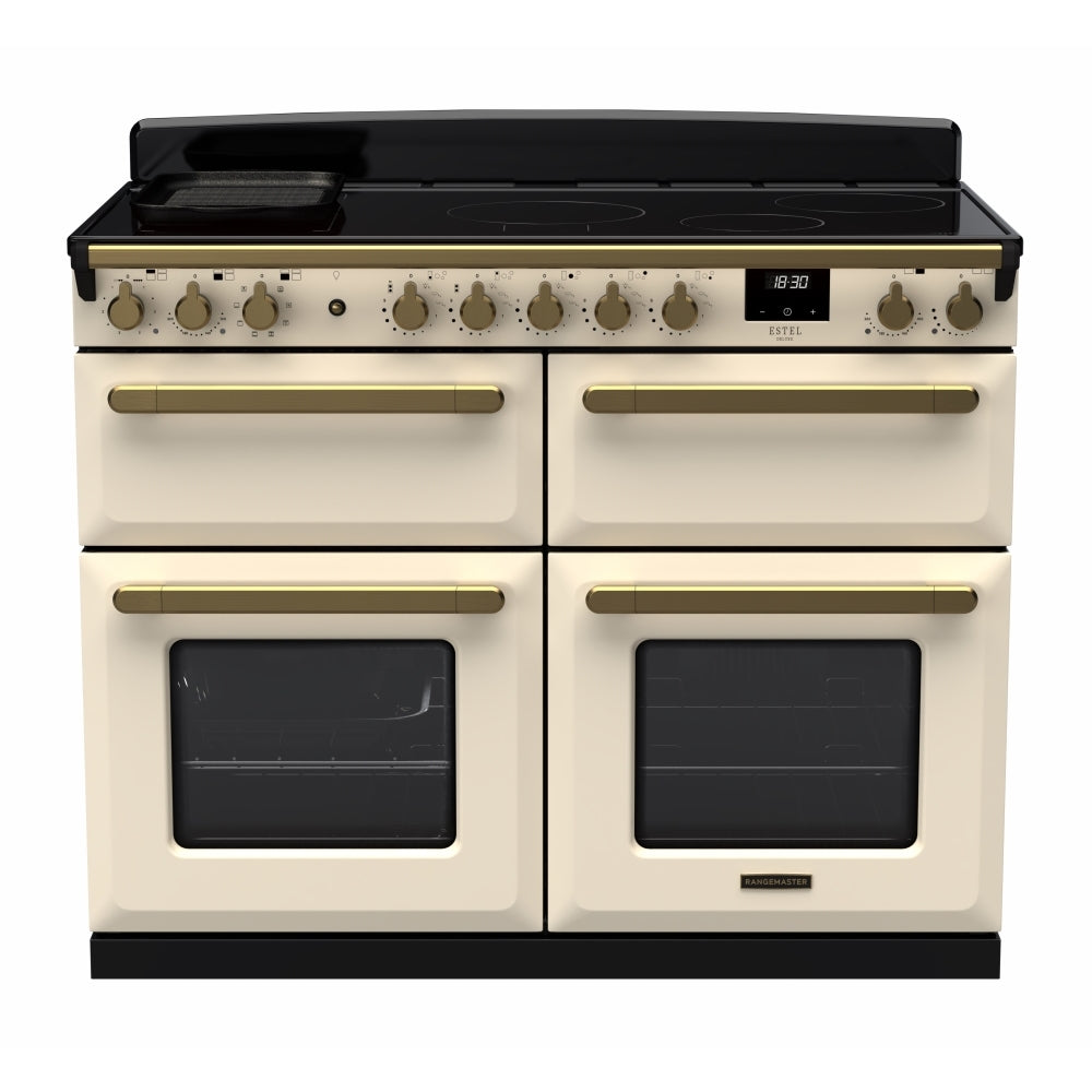Rangemaster Estel Deluxe ESDLB110EIPPCR/AB1 110cm wide Electric Range Cooker with Induction Hob - Cream / Antique Brass