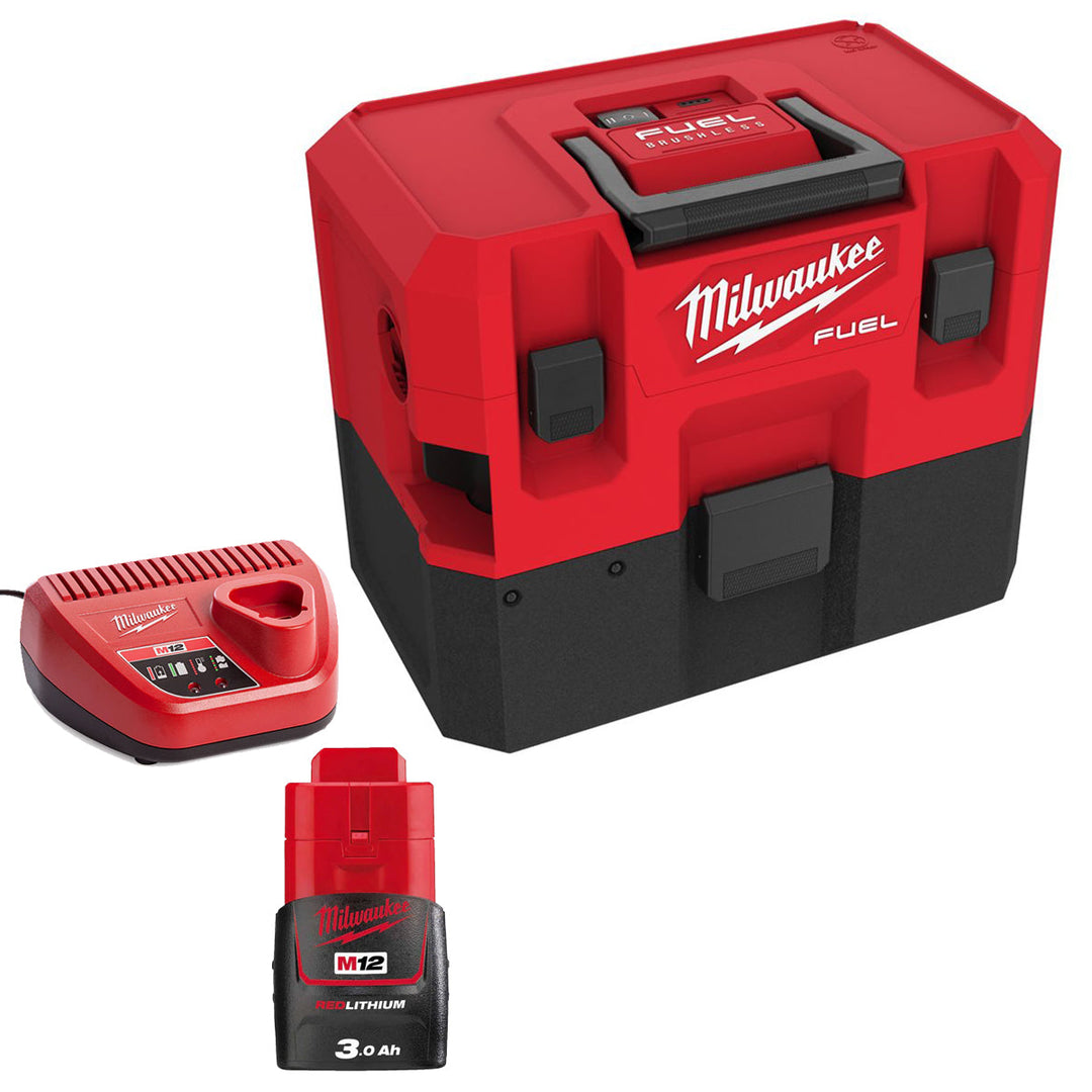 Milwaukee M12FVCL-0 12V Brushless FUEL Wet & Dry Vacuum with 1 x 3.0Ah Battery & Charger