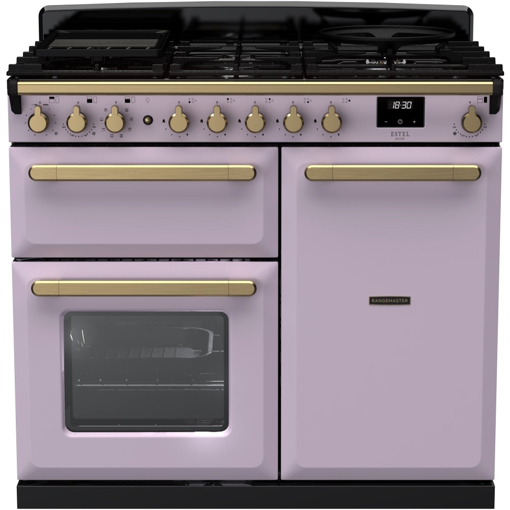 Rangemaster Estel Deluxe ESDL100DFPHTH/AB1 100cm wide Dual Fuel Range Cooker with Gas Hob - Heather / Antique Brass