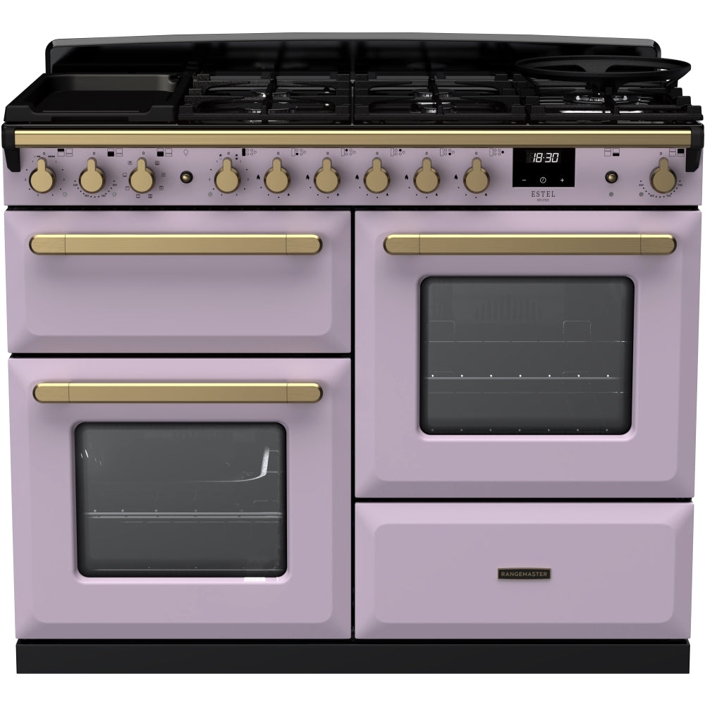 Rangemaster Estel Deluxe ESDLO110DFPHTH/AB1 110cm wide Dual Fuel Range Cooker with Gas Hob - Heather / Antique Brass