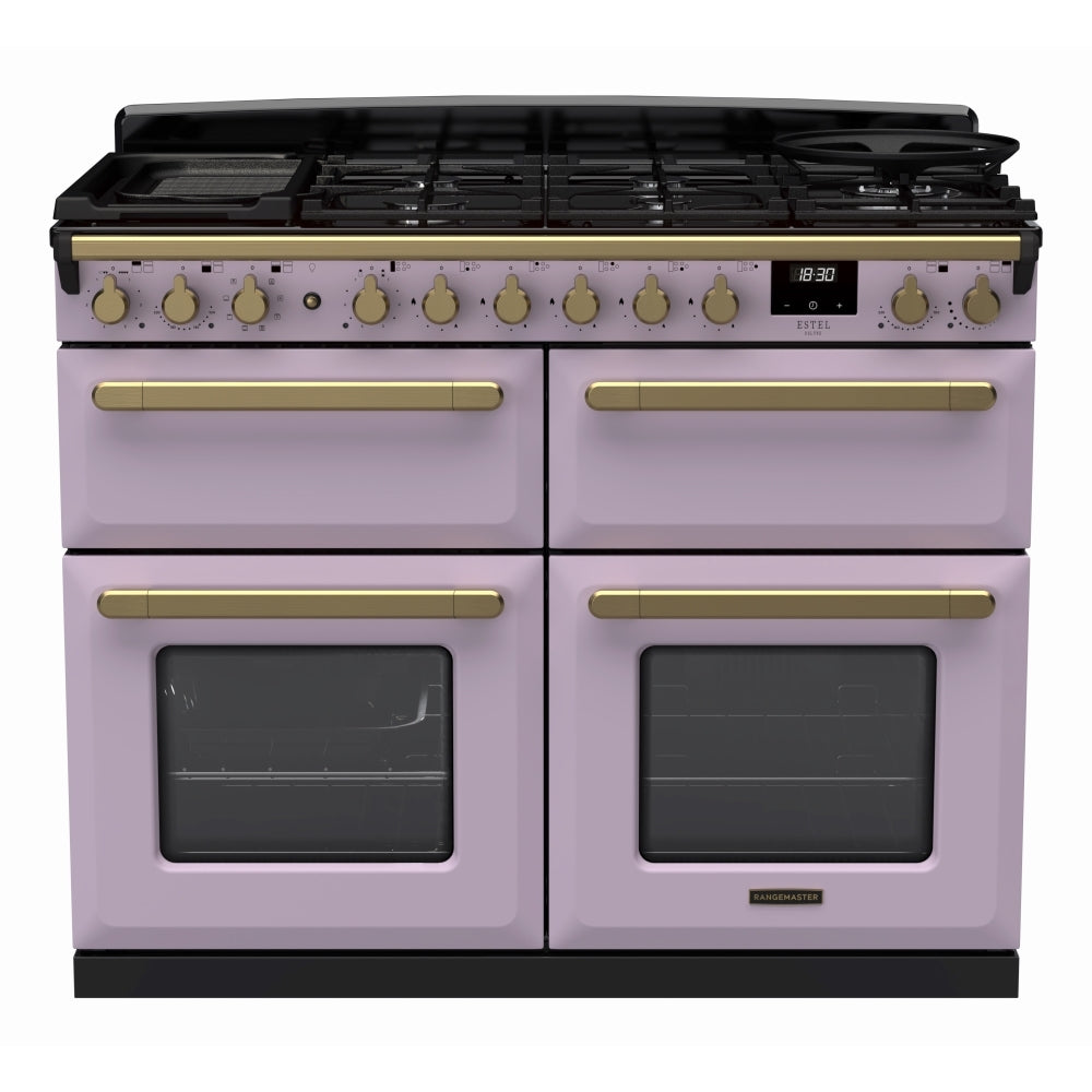 Rangemaster Estel Deluxe ESDLB110DFPHTH/AB1 110cm wide Dual Fuel Range Cooker with Gas Hob - Heather / Antique Brass
