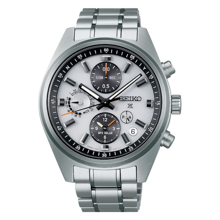 GPS Solar Chronograph Speedtimer 42mm Mens Bracelet Watch White Silver Dial