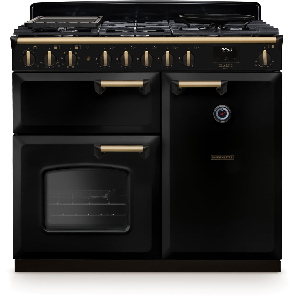 Rangemaster Classic Deluxe 100 Dual Fuel CLDL100DFPGBL/AB1 100cm wide Dual Fuel Range Cooker with Gas Hob - Black / Antique Brass