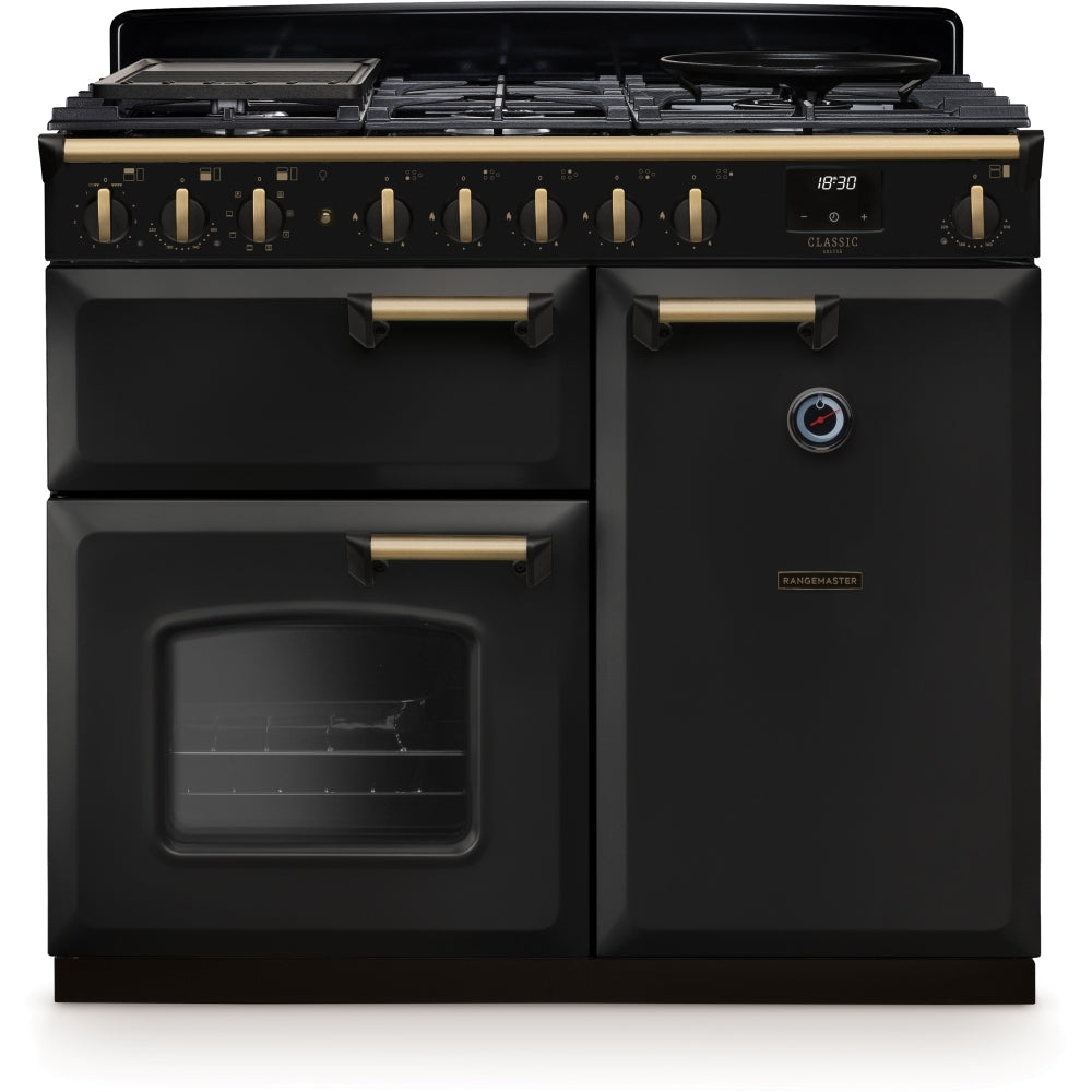 Rangemaster Classic Deluxe 100 Dual Fuel CLDL100DFPCBL/AB1 100cm wide Dual Fuel Range Cooker with Gas Hob - Charcoal Black / Antique Brass