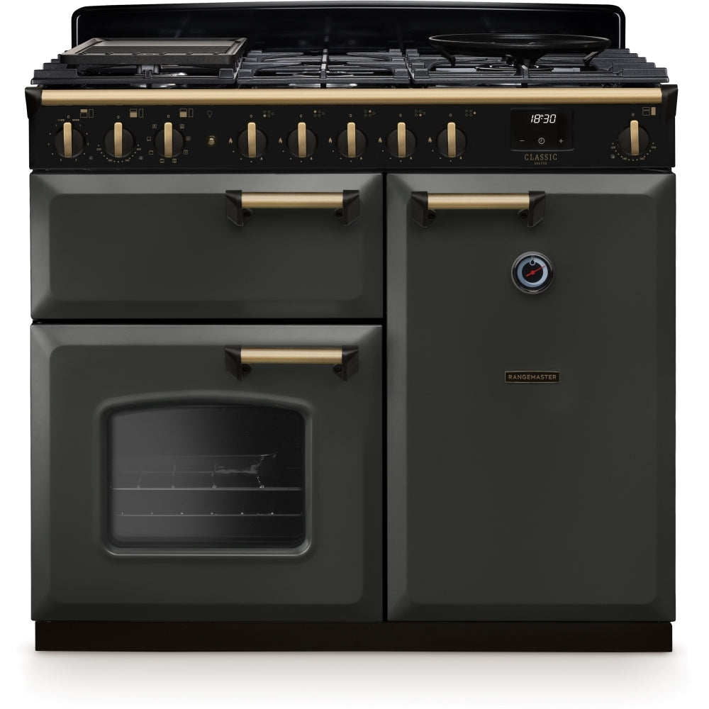 Rangemaster Classic Deluxe 100 Dual Fuel CLDL100DFPSLT/AB1 100cm wide Dual Fuel Range Cooker with Gas Hob - Slate / Antique Brass