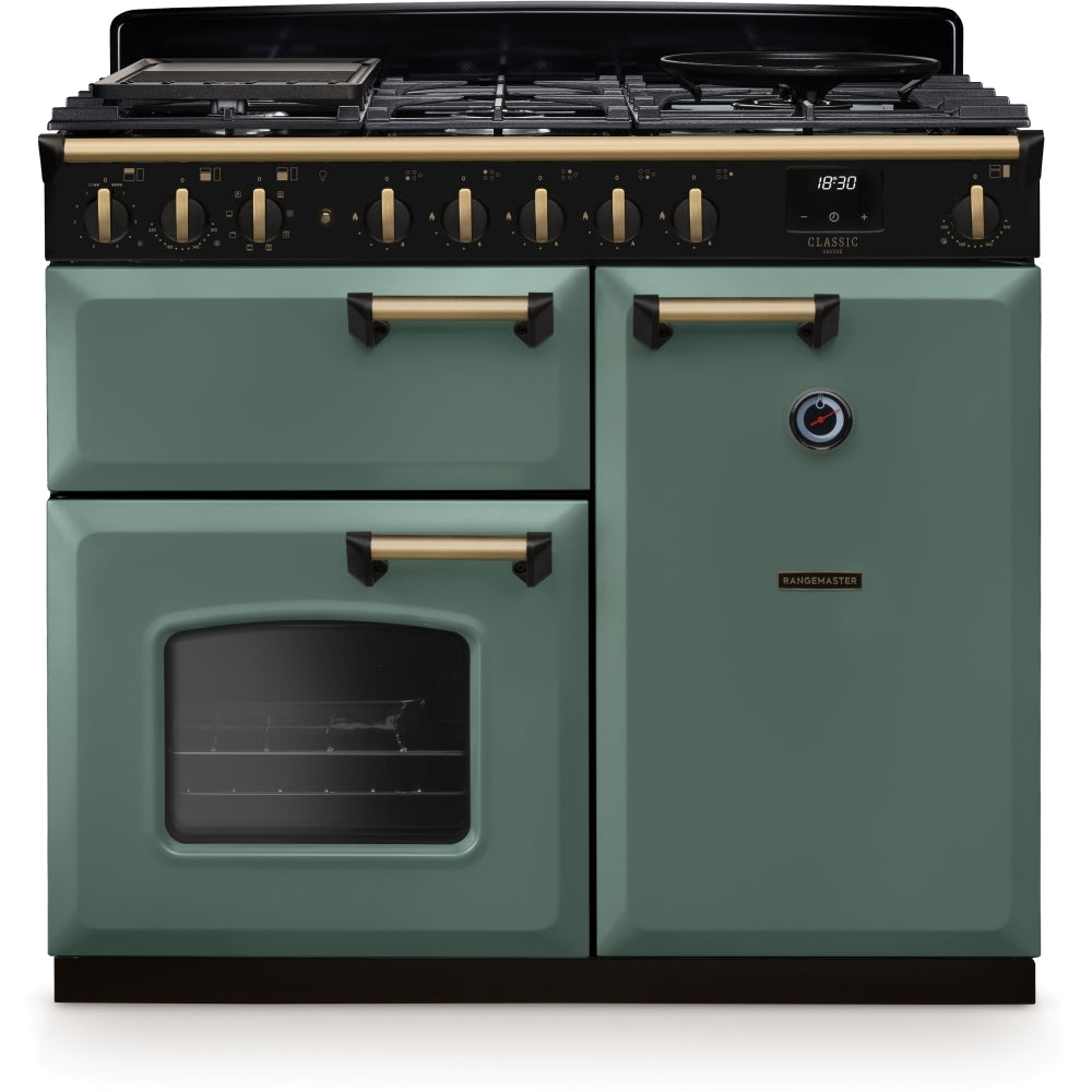 Rangemaster Classic Deluxe 100 Dual Fuel CLDL100DFPMGR/AB1 100cm wide Dual Fuel Range Cooker with Gas Hob - Mineral Green / Antique Brass