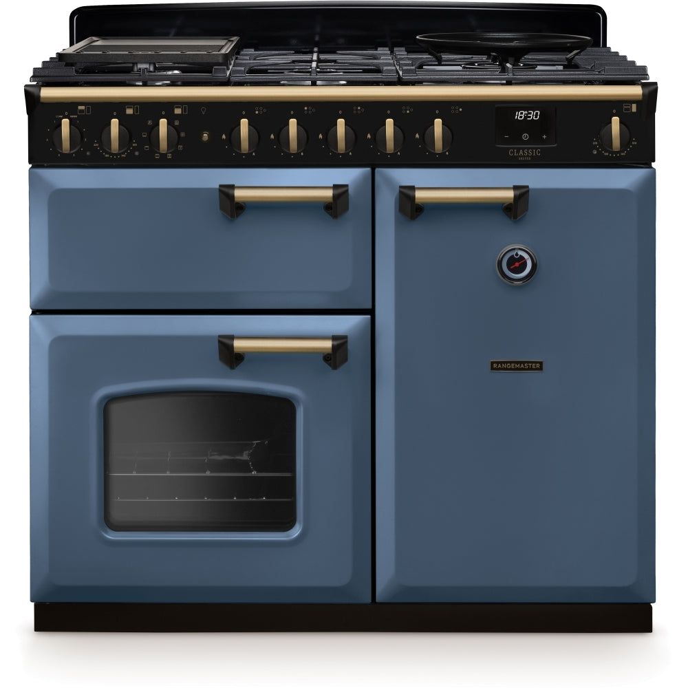 Rangemaster Classic Deluxe 100 Dual Fuel CLDL100DFPSTB/AB1 100cm wide Dual Fuel Range Cooker with Gas Hob - Stone Blue / Antique Brass