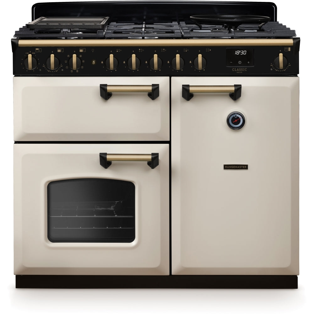 Rangemaster Classic Deluxe 100 Dual Fuel CLDL100DFPPCR/AB1 100cm wide Dual Fuel Range Cooker with Gas Hob - Cream / Antique Brass