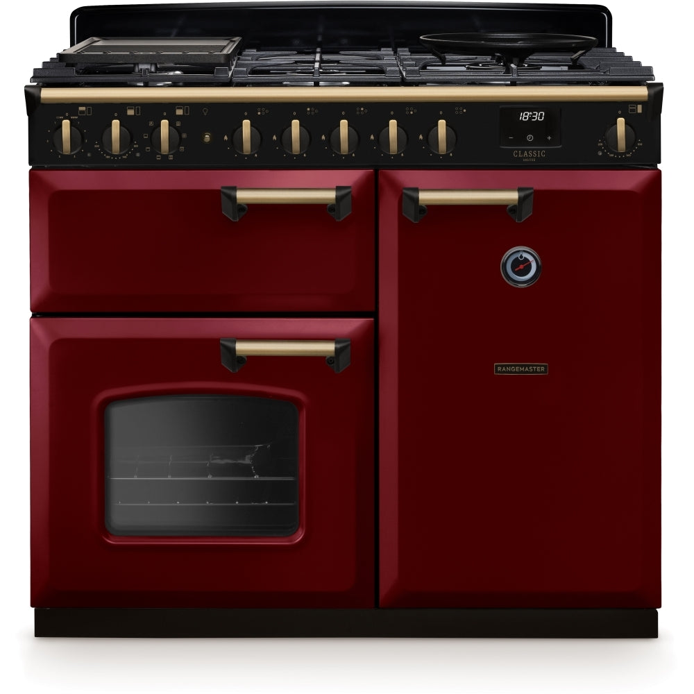 Rangemaster Classic Deluxe 100 Dual Fuel CLDL100DFPBOR/AB1 100cm wide Dual Fuel Range Cooker with Gas Hob - Bordeaux / Antique Brass