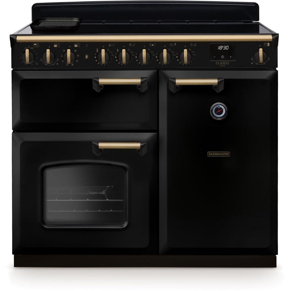 Rangemaster Classic Deluxe CLDL100EIPGBL/AB1 100cm wide Electric Range Cooker with Induction Hob - Black / Antique Brass