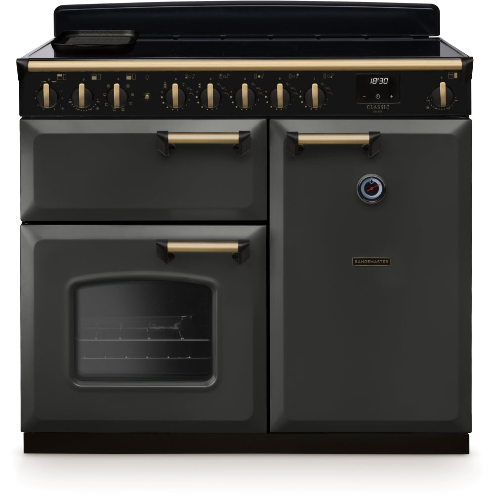 Rangemaster Classic Deluxe CLDL100EIPSLT/AB1 100cm wide Electric Range Cooker with Induction Hob - Slate / Antique Brass