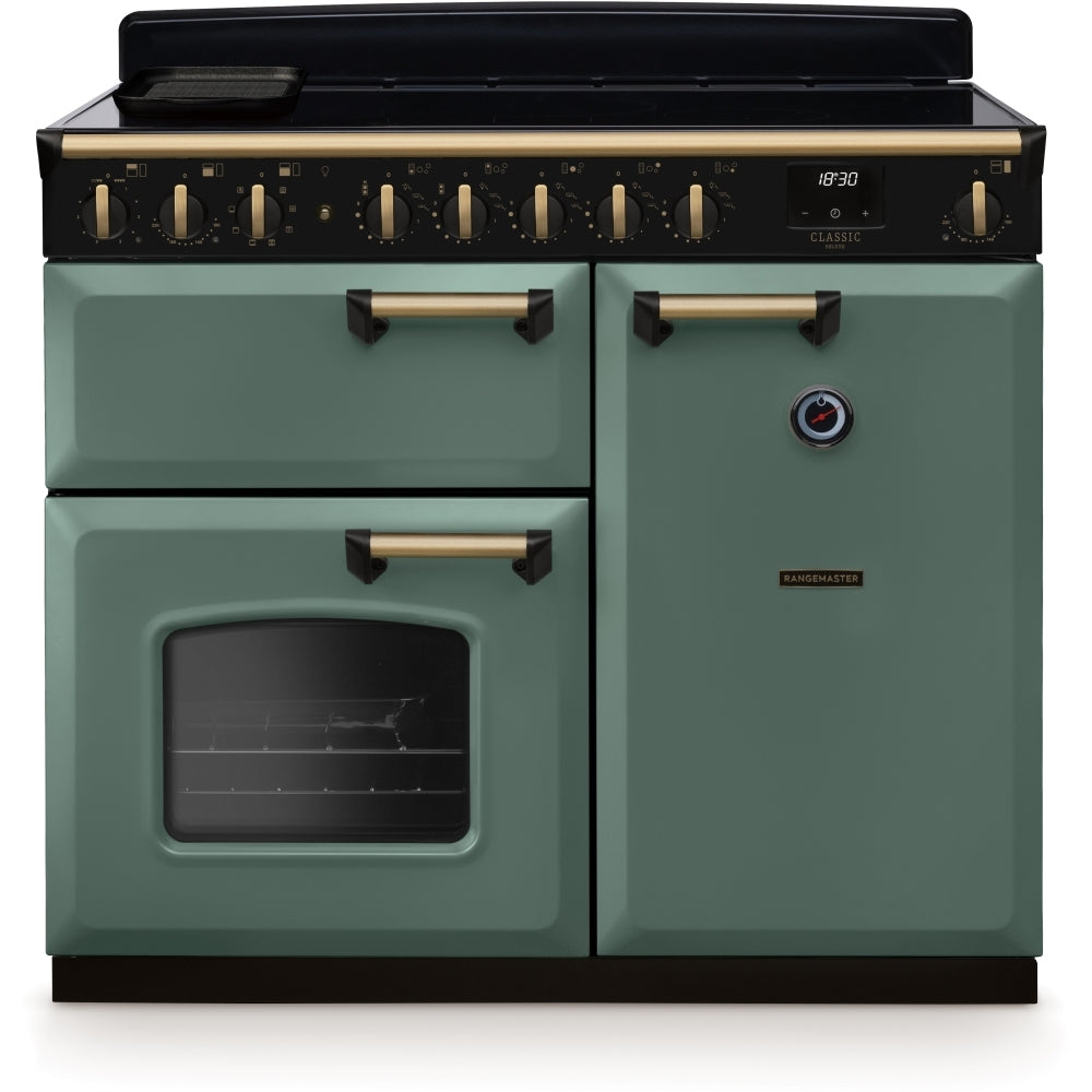 Rangemaster Classic Deluxe CLDL100EIPMGR/AB1 100cm wide Electric Range Cooker with Induction Hob - Mineral Green / Antique Brass