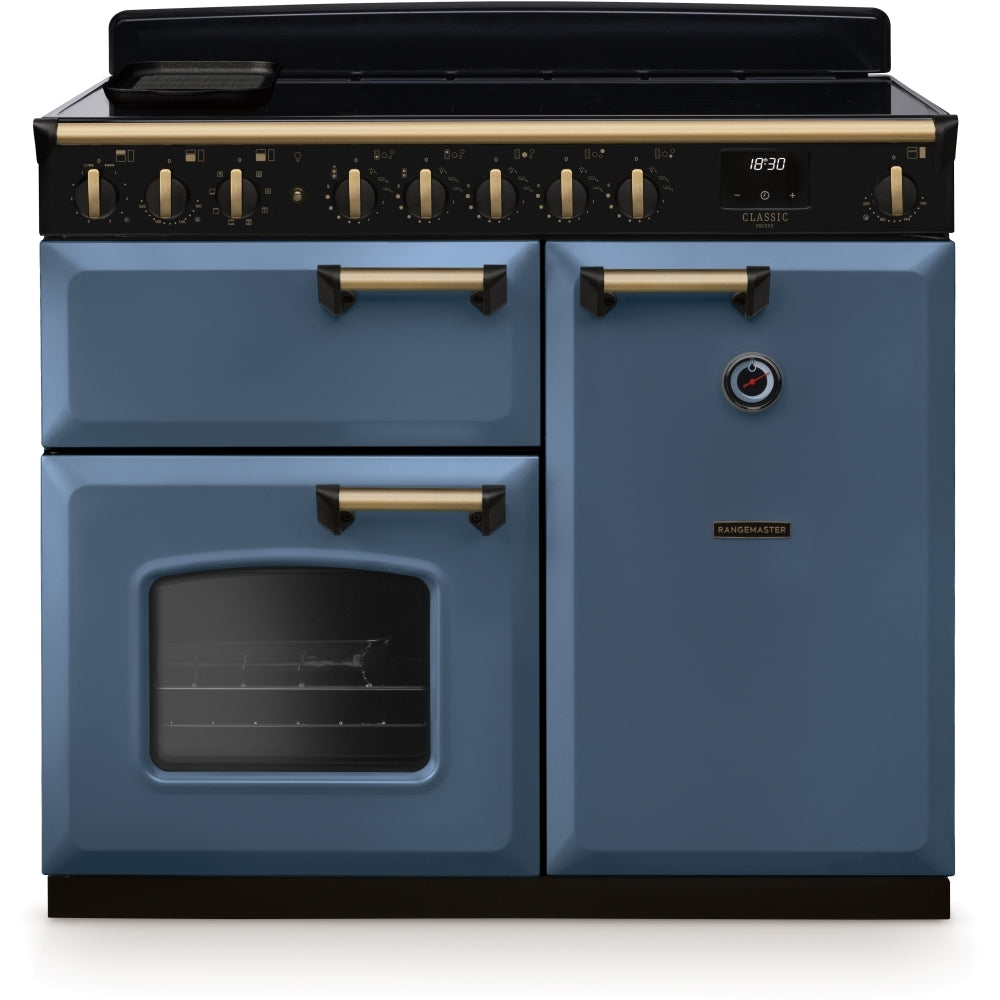 Rangemaster Classic Deluxe CLDL100EIPSTB/AB1 100cm wide Electric Range Cooker with Induction Hob - Stone Blue / Antique Brass