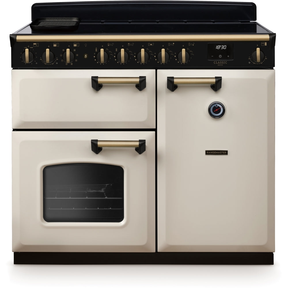 Rangemaster Classic Deluxe CLDL100EIPPCR/AB1 100cm wide Electric Range Cooker with Induction Hob - Cream / Antique Brass
