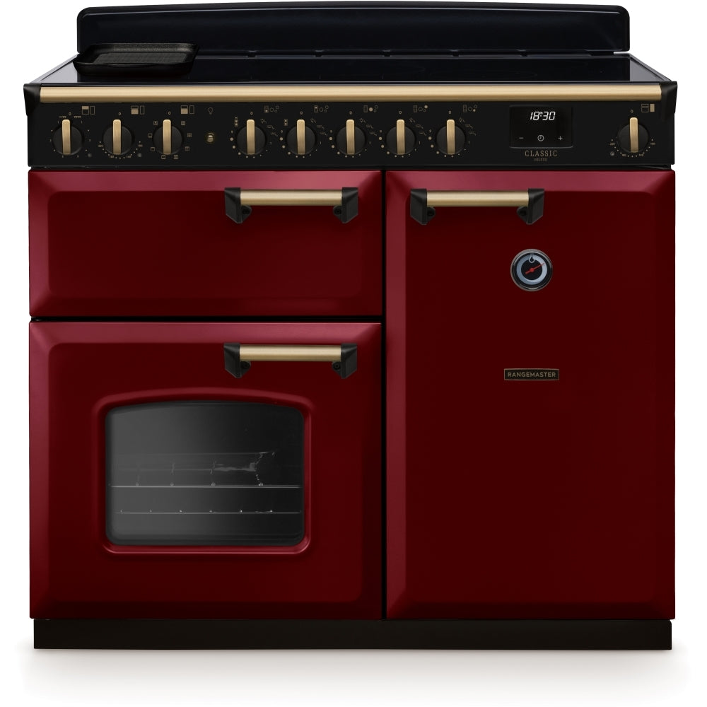 Rangemaster Classic Deluxe CLDL100EIPBOR/AB1 100cm wide Electric Range Cooker with Induction Hob - Bordeaux / Antique Brass