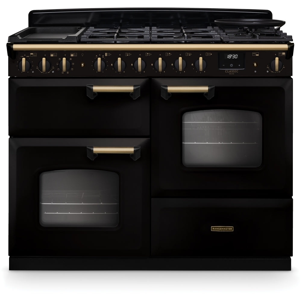 Rangemaster Classic Deluxe 110 CLDLO110DFPGBL/AB1 110cm wide Dual Fuel Range Cooker with Gas Hob - Black / Antique Brass
