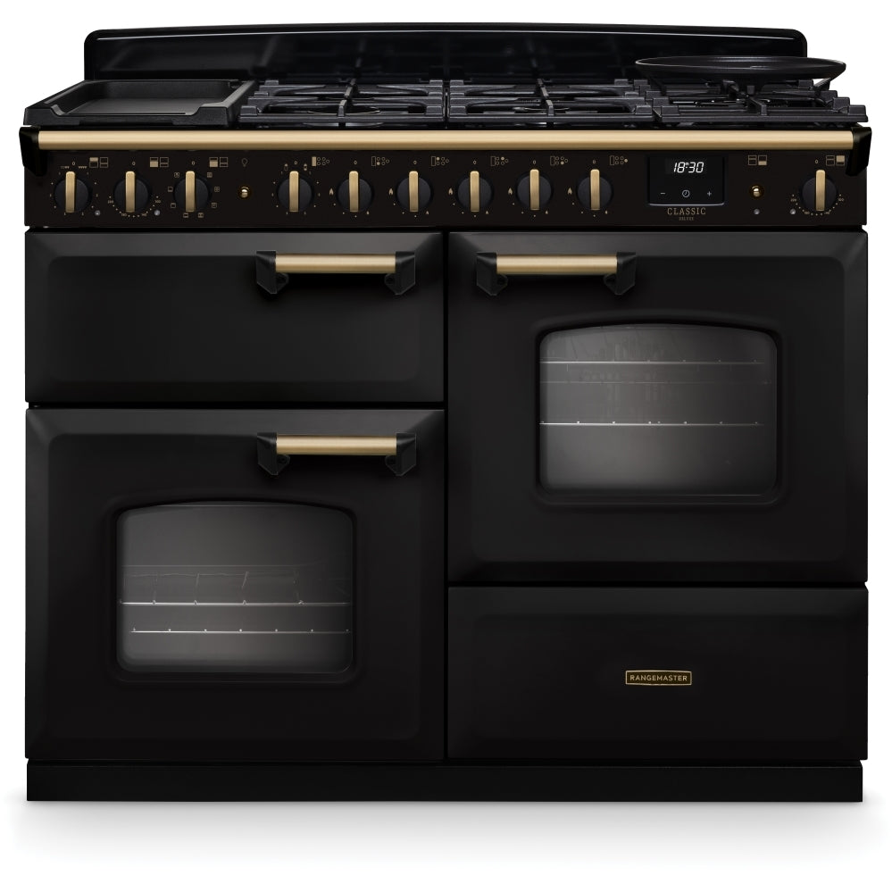 Rangemaster Classic Deluxe 110 CLDLO110DFPCBL/AB1 110cm wide Dual Fuel Range Cooker with Gas Hob - Charcoal Black / Antique Brass