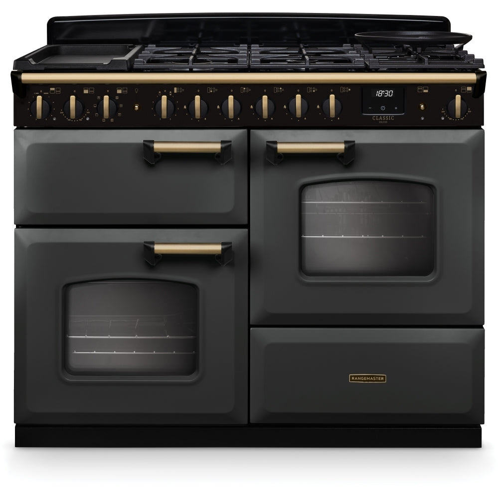 Rangemaster Classic Deluxe 110 CLDLO110DFPSLT/AB1 110cm wide Dual Fuel Range Cooker with Gas Hob - Slate / Antique Brass
