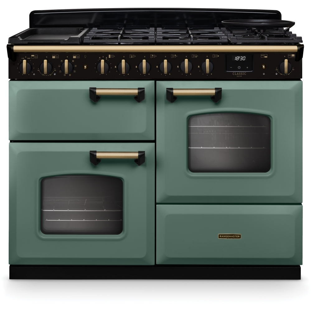 Rangemaster Classic Deluxe 110 CLDLO110DFPMGR/AB1 110cm wide Dual Fuel Range Cooker with Gas Hob - Mineral Green / Antique Brass