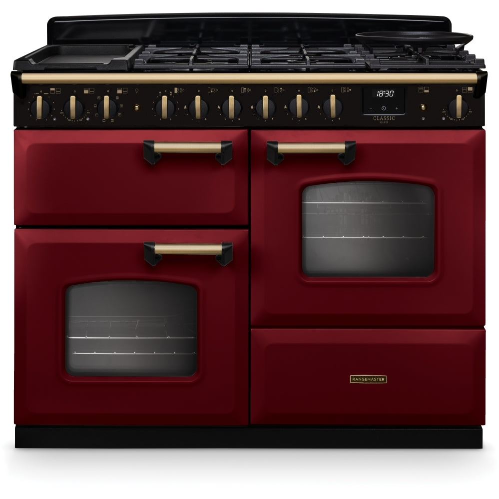 Rangemaster Classic Deluxe 110 CLDLO110DFPBOR/AB1 110cm wide Dual Fuel Range Cooker with Gas Hob - Bordeaux / Chrome