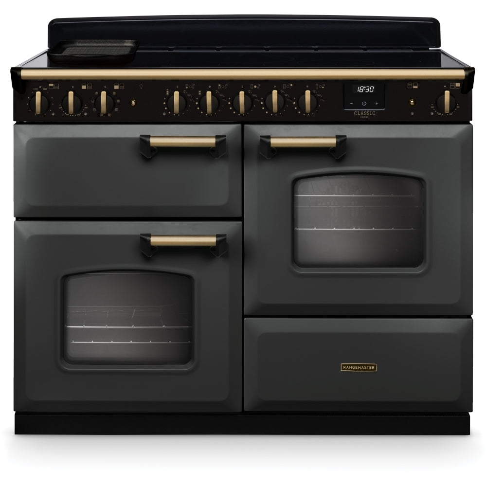 Rangemaster Classic Deluxe OC CLDLO110EIPSLT/AB1 110cm wide Electric Range Cooker with Induction Hob - Slate / Antique Brass