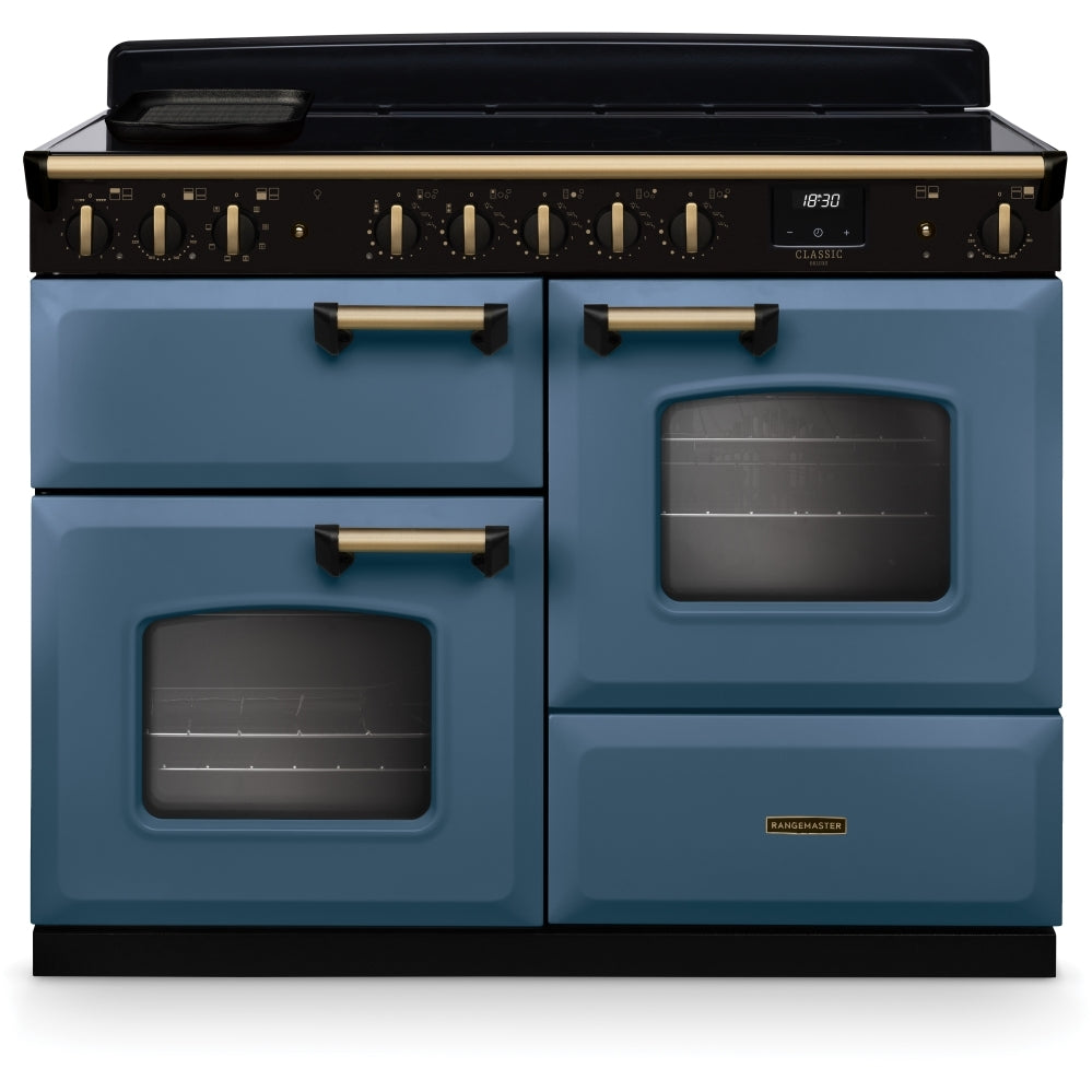 Rangemaster Classic Deluxe OC CLDLO110EIPSTB/AB1 110cm wide Electric Range Cooker with Induction Hob - Stone Blue / Antique Brass
