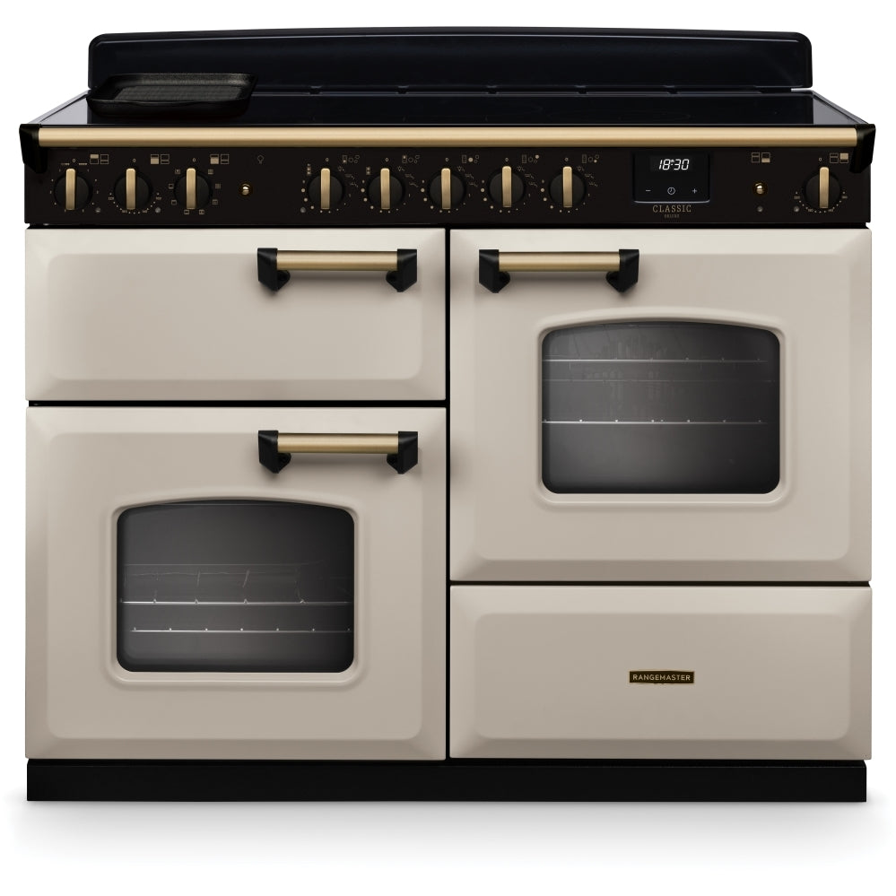 Rangemaster Classic Deluxe OC CLDLO110EIPPCR/AB1 110cm wide Electric Range Cooker with Induction Hob - Cream / Antique Brass