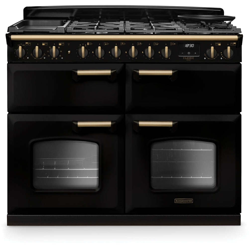 Rangemaster Classic Deluxe 110 CLDLB110DFPGBL/AB1 110cm wide Dual Fuel Range Cooker with Gas Hob - Black / Antique Brass