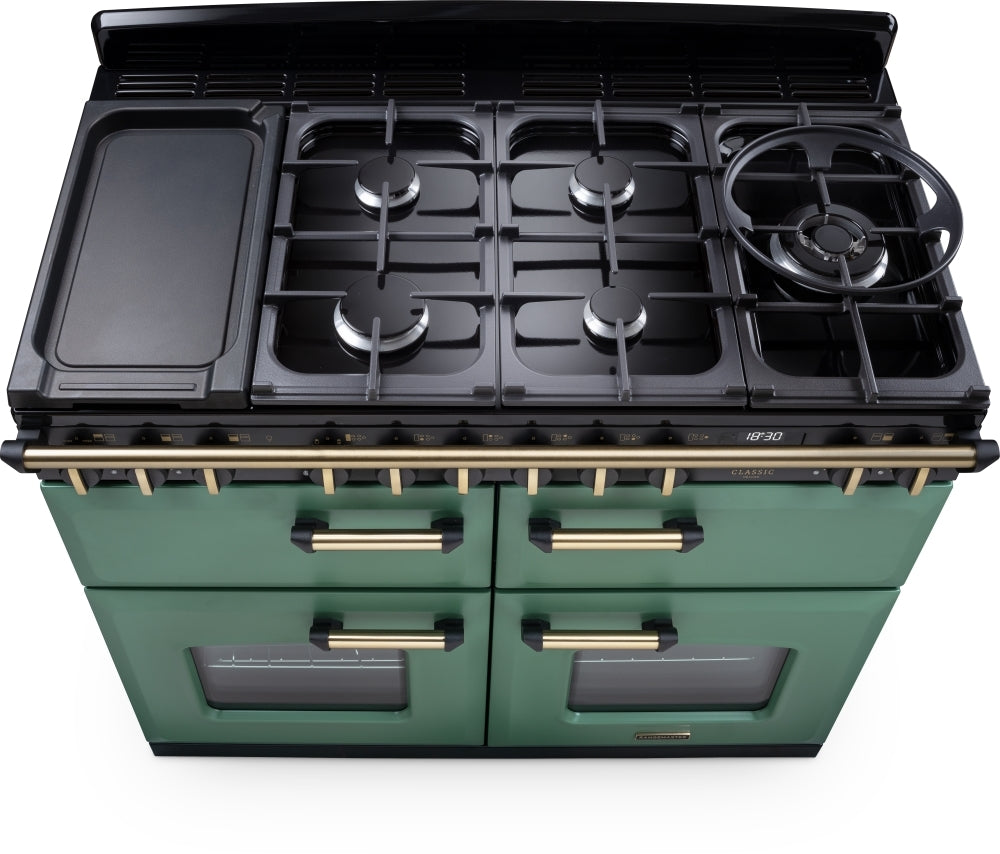 Rangemaster Classic Deluxe 110 CLDLB110DFPMGR/AB1 110cm wide Dual Fuel Range Cooker with Gas Hob - Mineral Green / Antique Brass